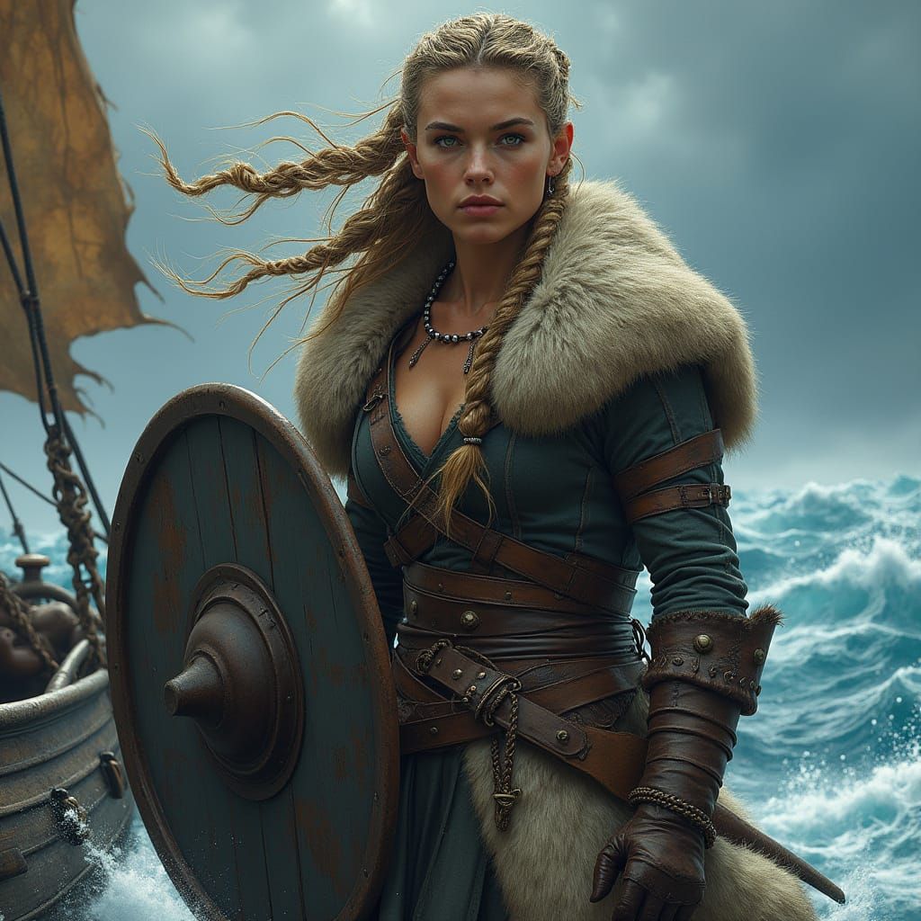 Viking Shieldmaiden on Stormy Sea, Hyperrealistic Art