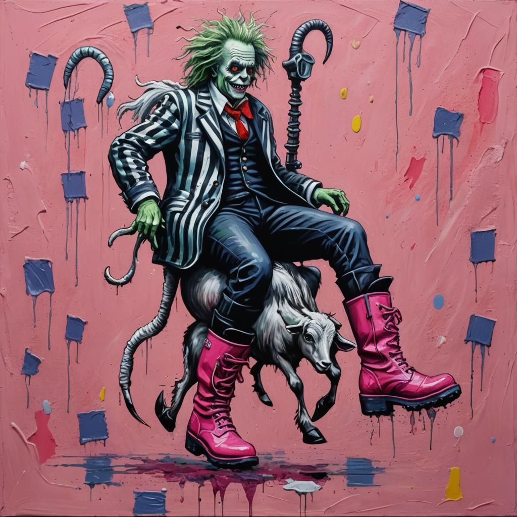 Beetlejuice Biker Goat Ride: Colorful Acrylic Painting