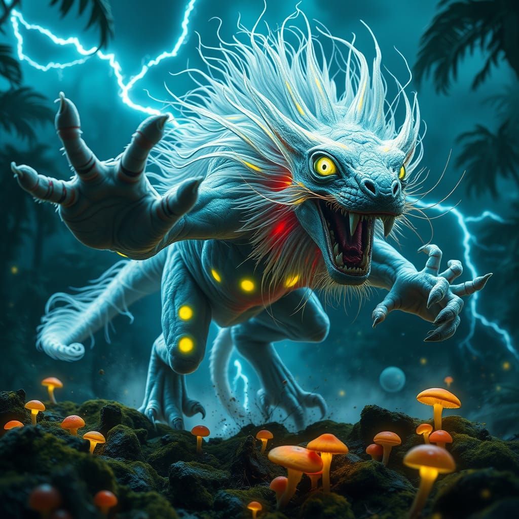 Hyper-Realistic Snow Lion-Chameleon Hybrid in Neon Jungle