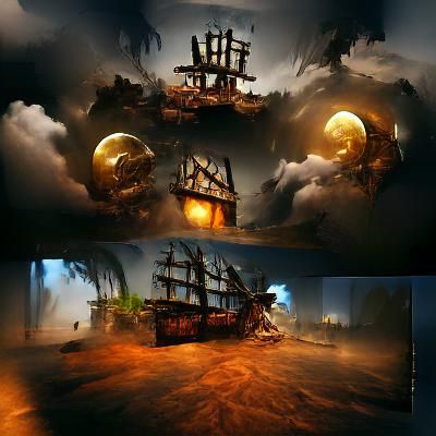 Pirate Ship on Treasure Island: Gloomy Fantasy