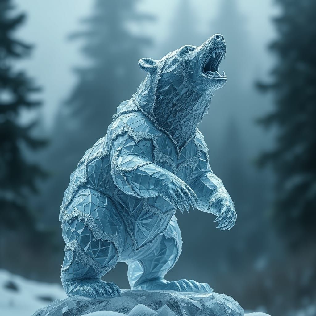 Crystallized Grizzly Bear Statue Roaring in Forest