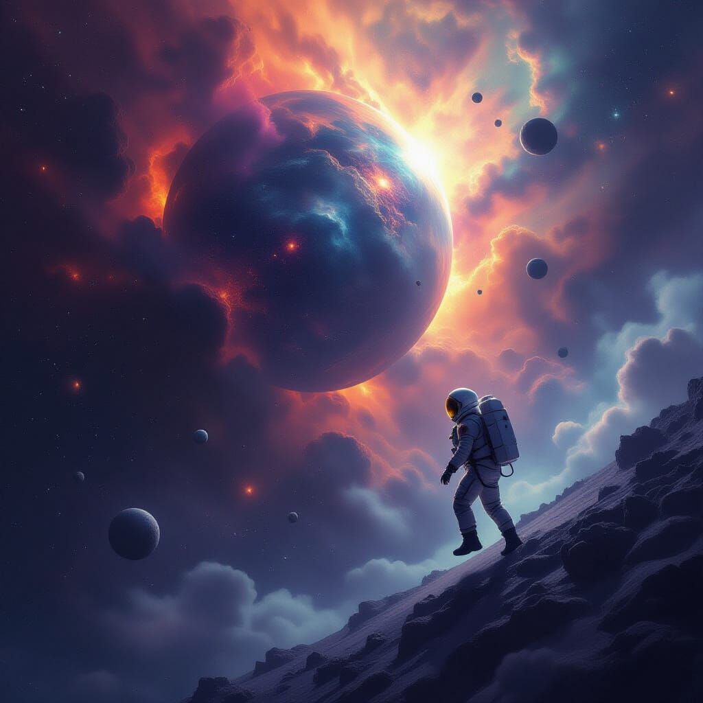 Astronaut Meets Cosmic Entity in Nebula