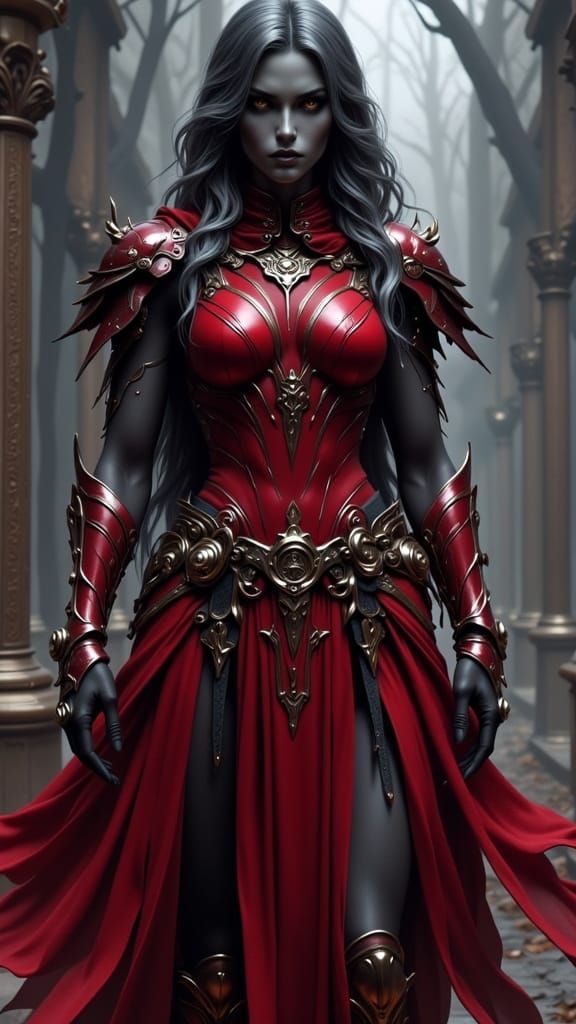 Grey Goddess of Shadow in Scarlet Armor