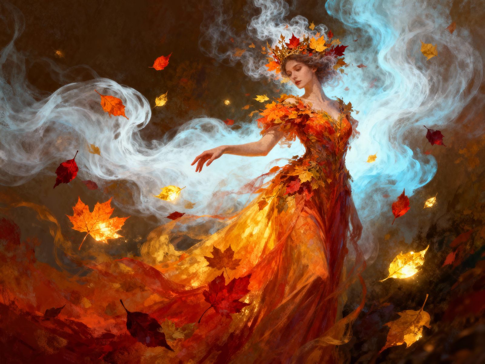 Regal Autumn Entity in Dreamlike Mists