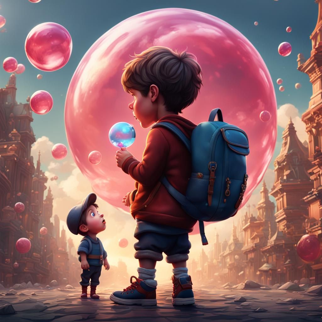 Cartoon Boy Blowing Bubblegum Bubble in Detailed Painting