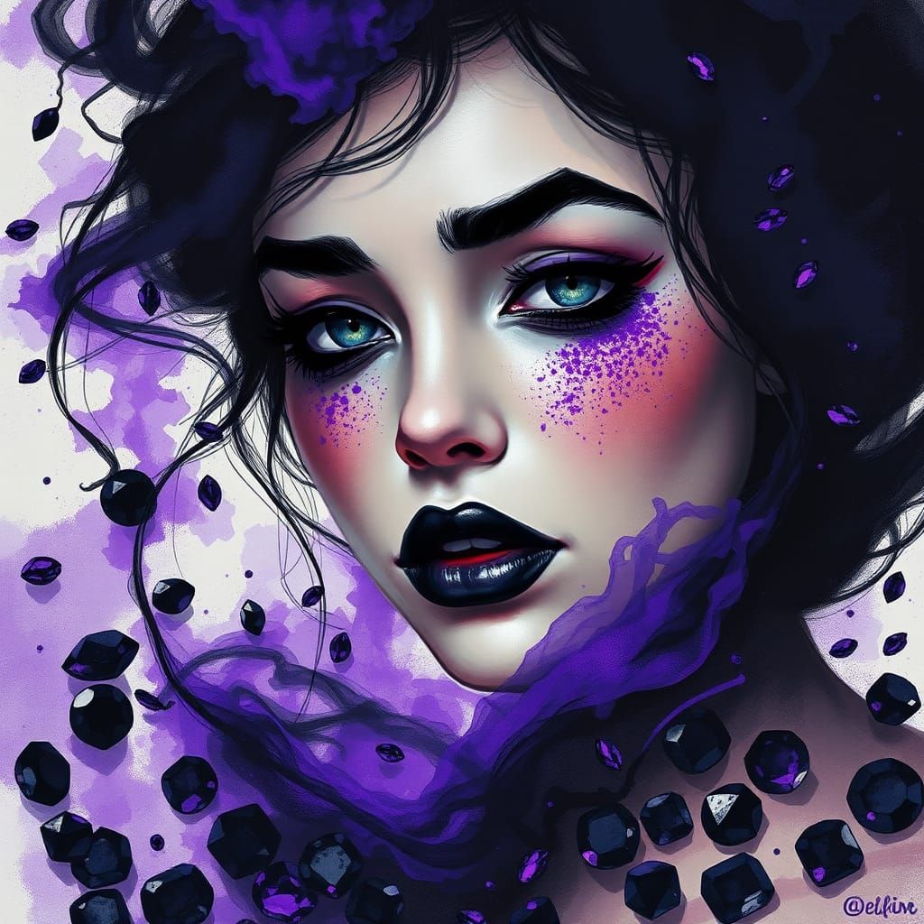 Surreal Black and Purple Lips with Gemstones