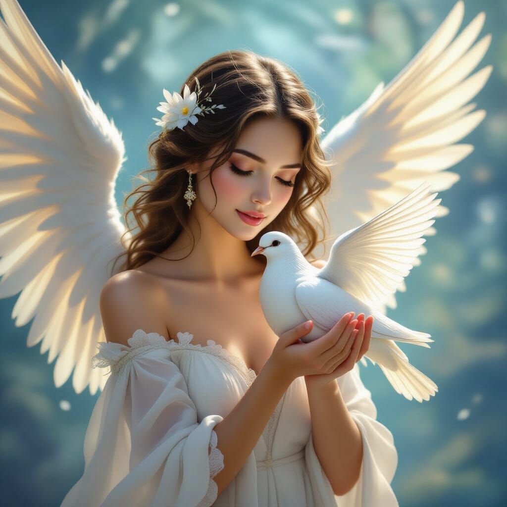 Ethereal Angel Holding Dove in Celestial Nebula
