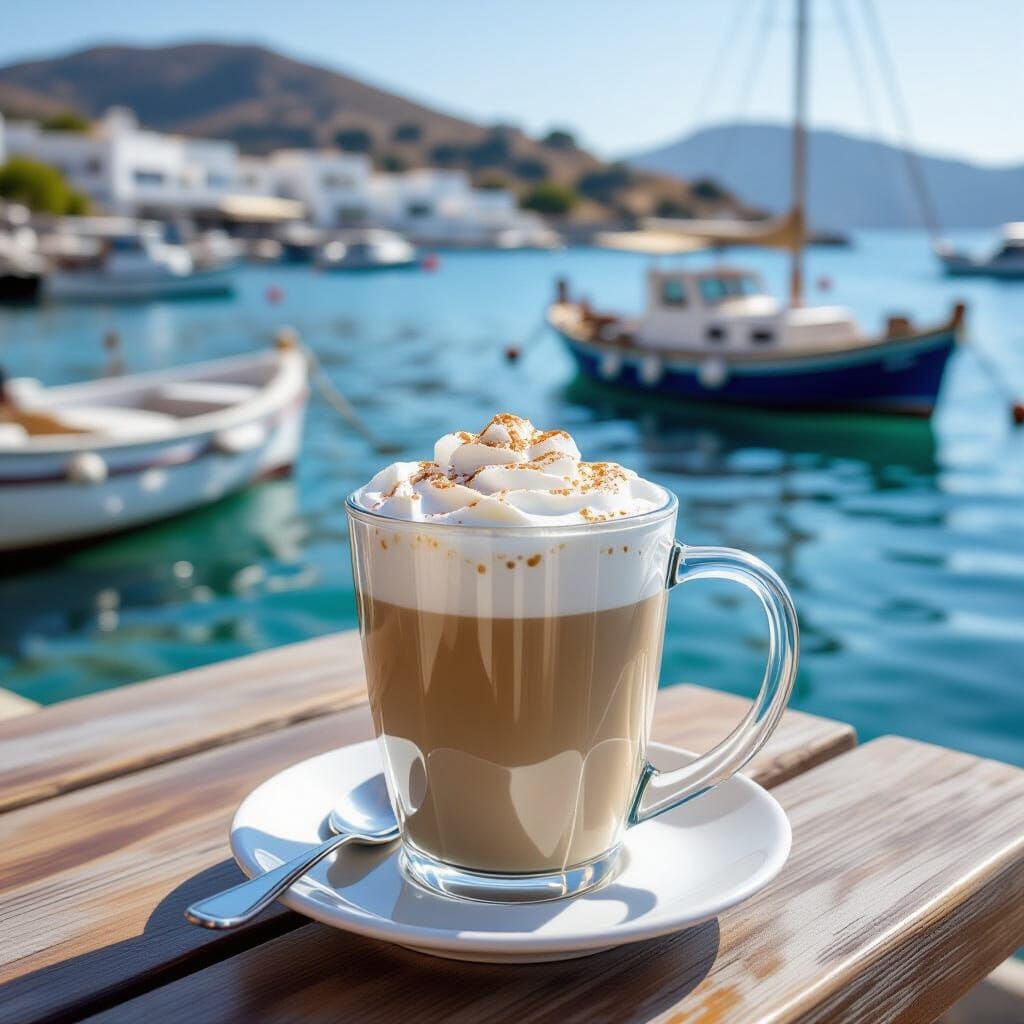 Iced Cappuccino in Paros by Boats: Realistic Photo