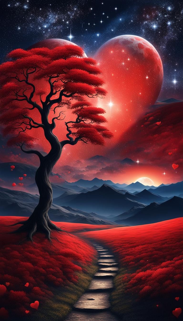 Fantasy Landscape with Heart Under Starry Sky