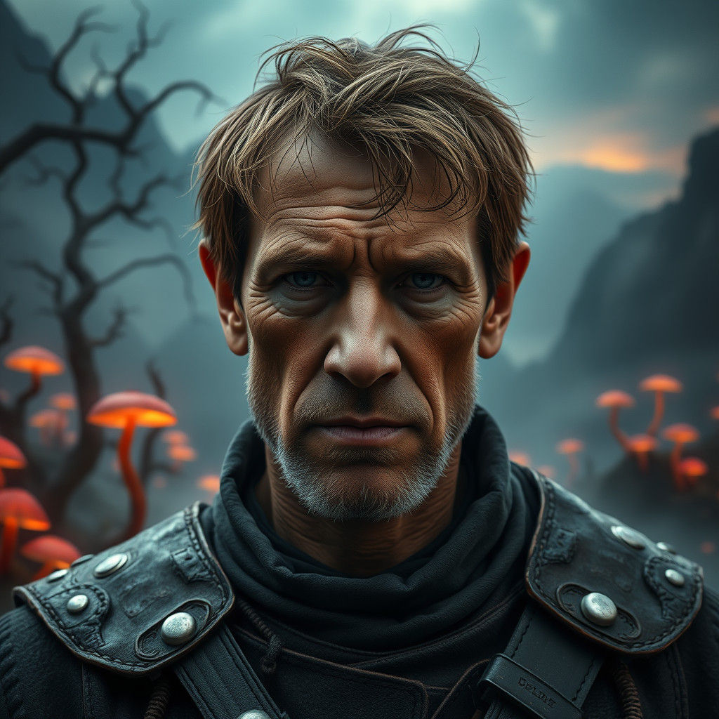 Weathered Man in Eerie Landscape, Atmospheric Concept Art