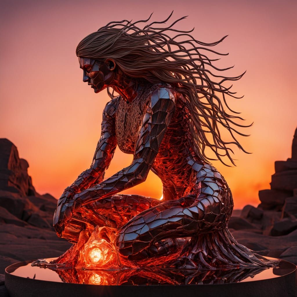 Bio Art Sculpture of Figure at Sunset in 8K