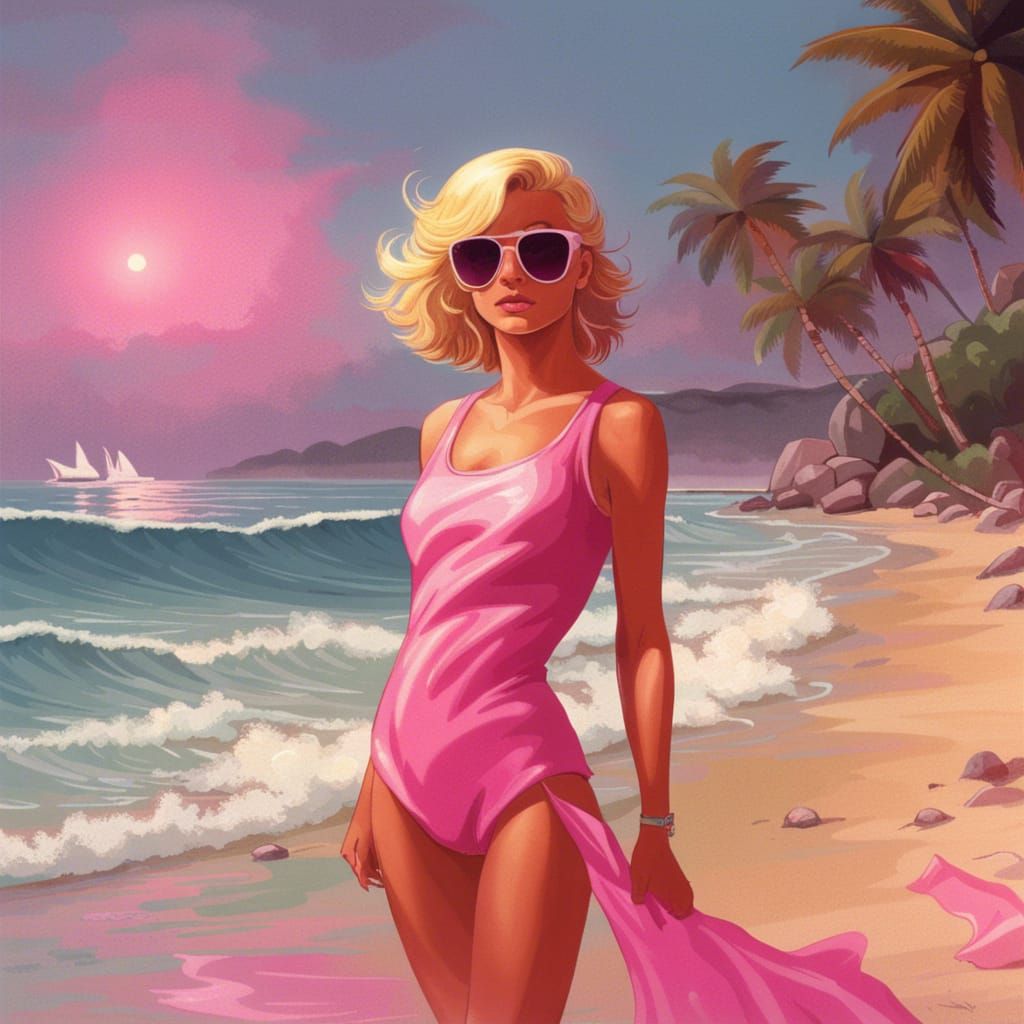 Barbie in 80s Beach Scene: Digital Art