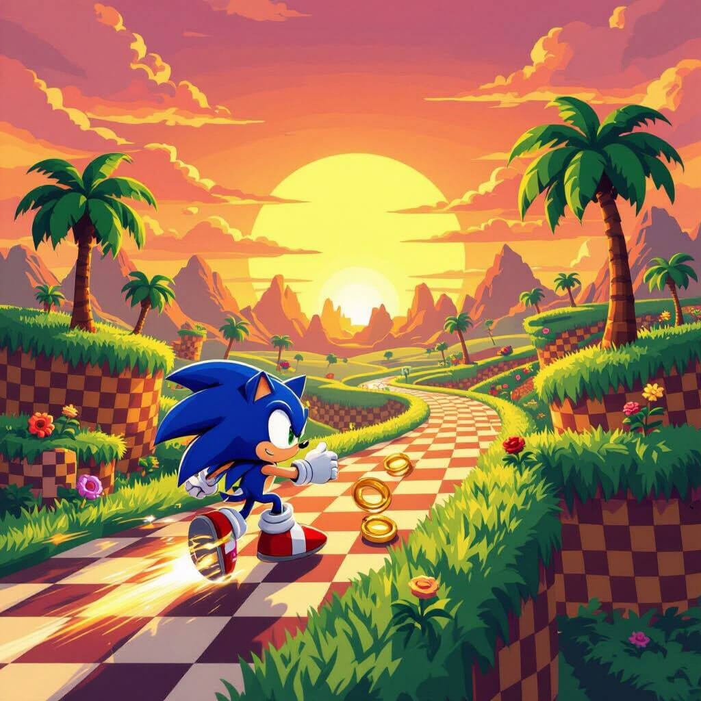 Sonic Races Through Green Hill Zone in Retro 16-Bit Style