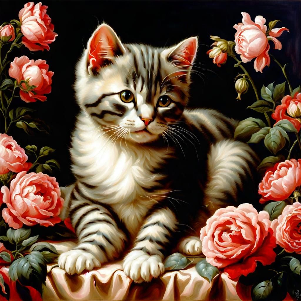 Cute Cat with Flowers in Baroque Style