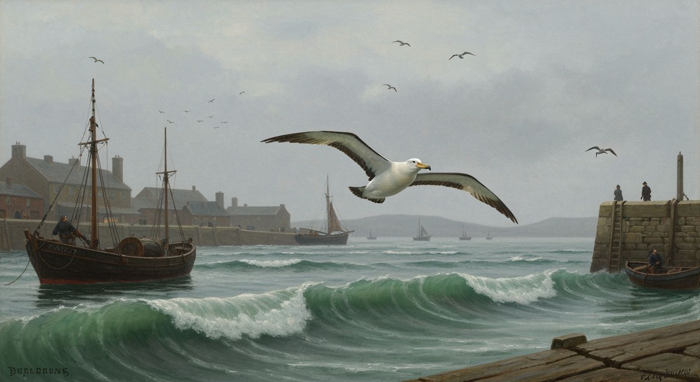 Albatross Takes Flight Over Scottish Fishing Port at Dawn