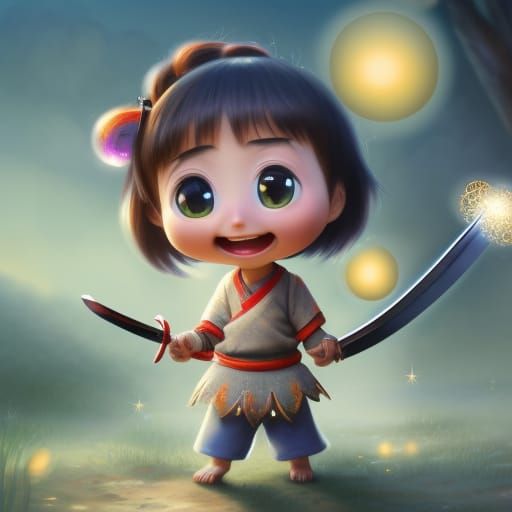 Pixar Style Cute Baby Samurai with Sword