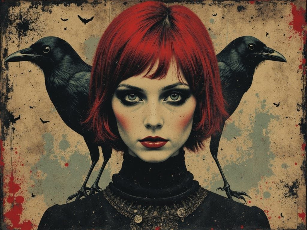 Ethereal Gothic Woman with Red Hair in Psychedelic Style