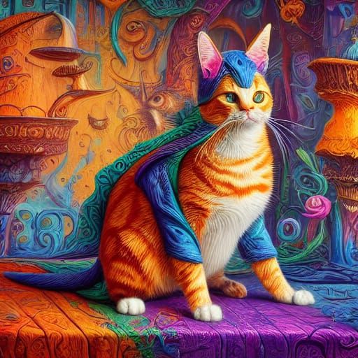 Cat in Sombrero: Vibrant Oil Painting