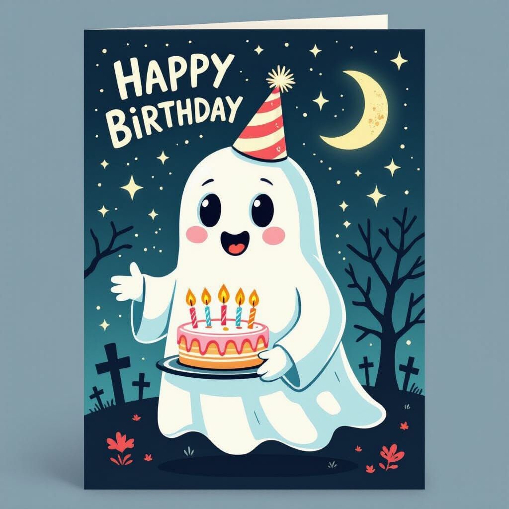 Friendly Ghost Birthday Card with Glowing Cake