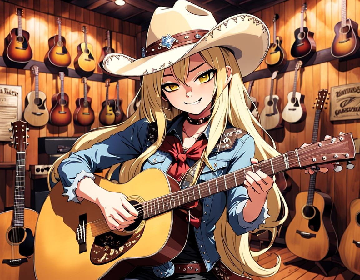 Anime Western Cowgirl Plays Acoustic Guitar in Saloon