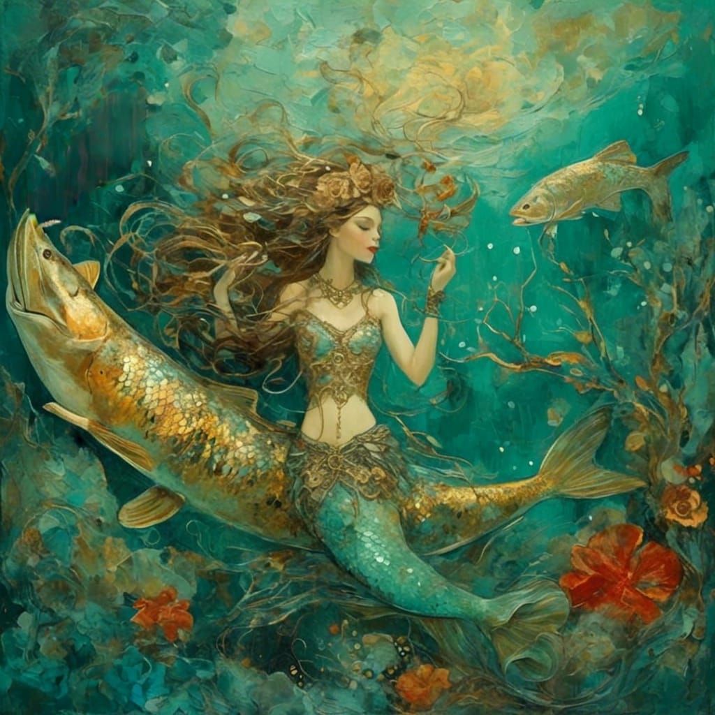 Mermaid Riding Trout with Antlers in Klimt Style