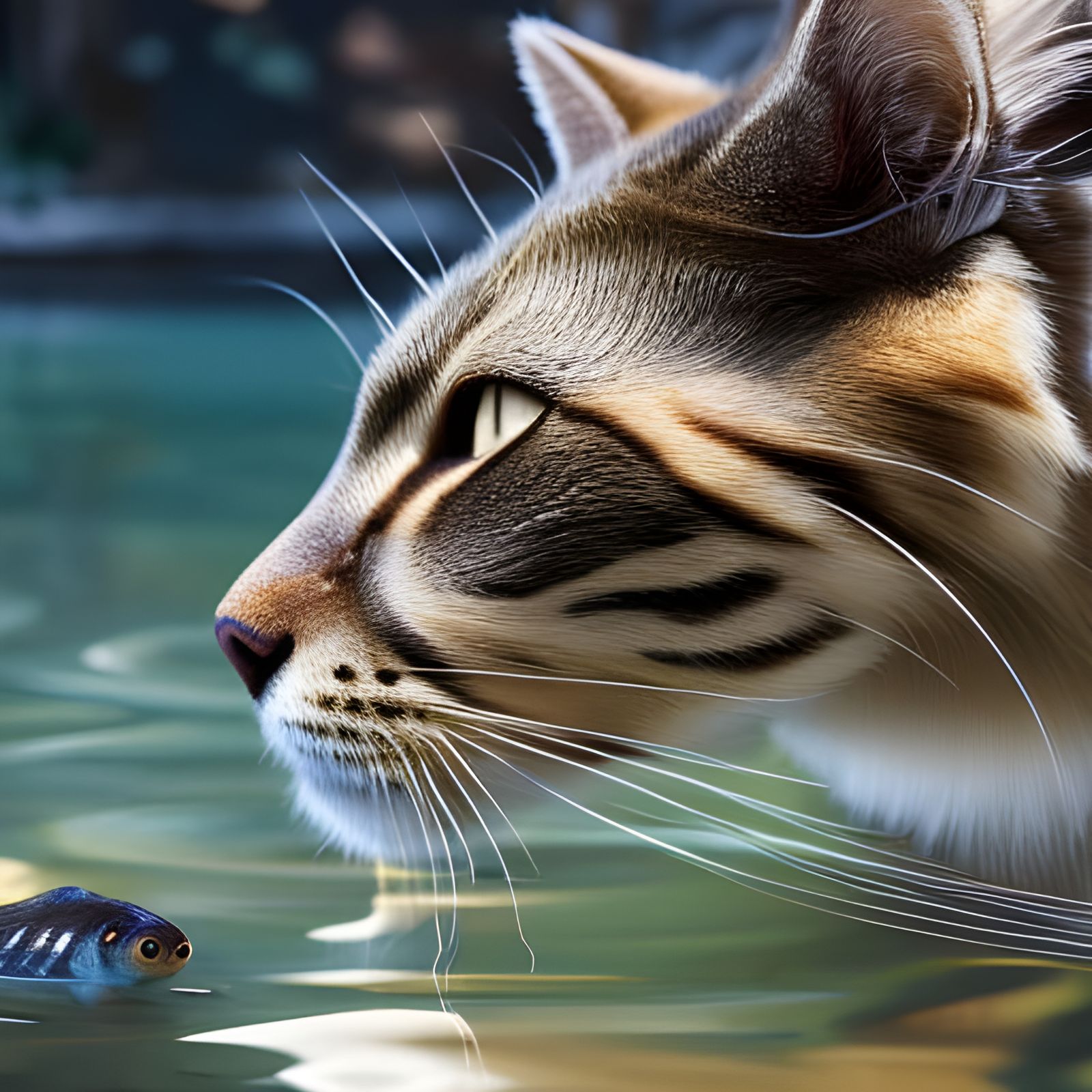 Hyperrealistic Cat and Fish Pond in Sunshine