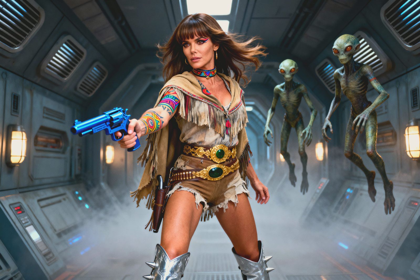 Raquel Welch as Space Gunfighter in Futuristic Corridor