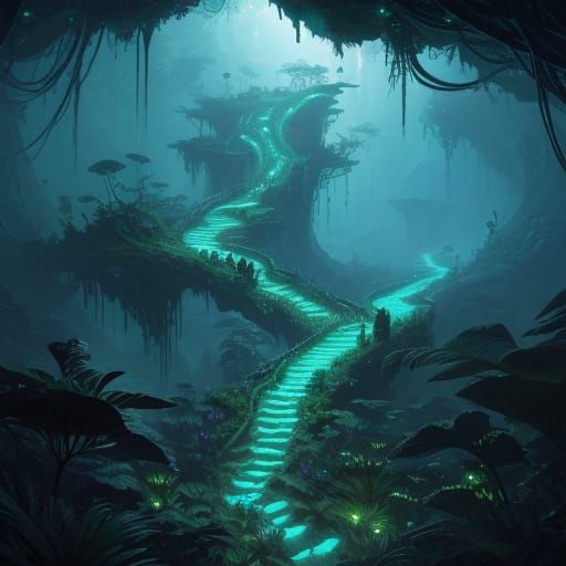 Bioluminescent Bridge in Alien Jungle