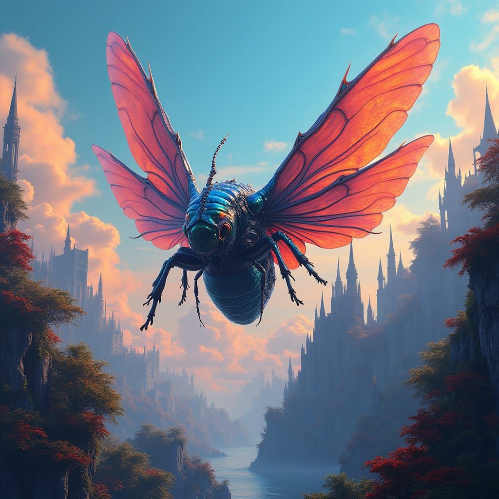 Ethereal Bug-like Creature in Vibrant Metropolis