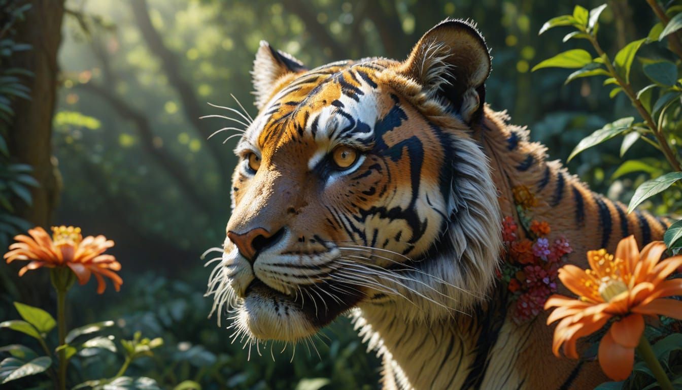 Realistic Tiger Head Close-Up with Vibrant Flowers