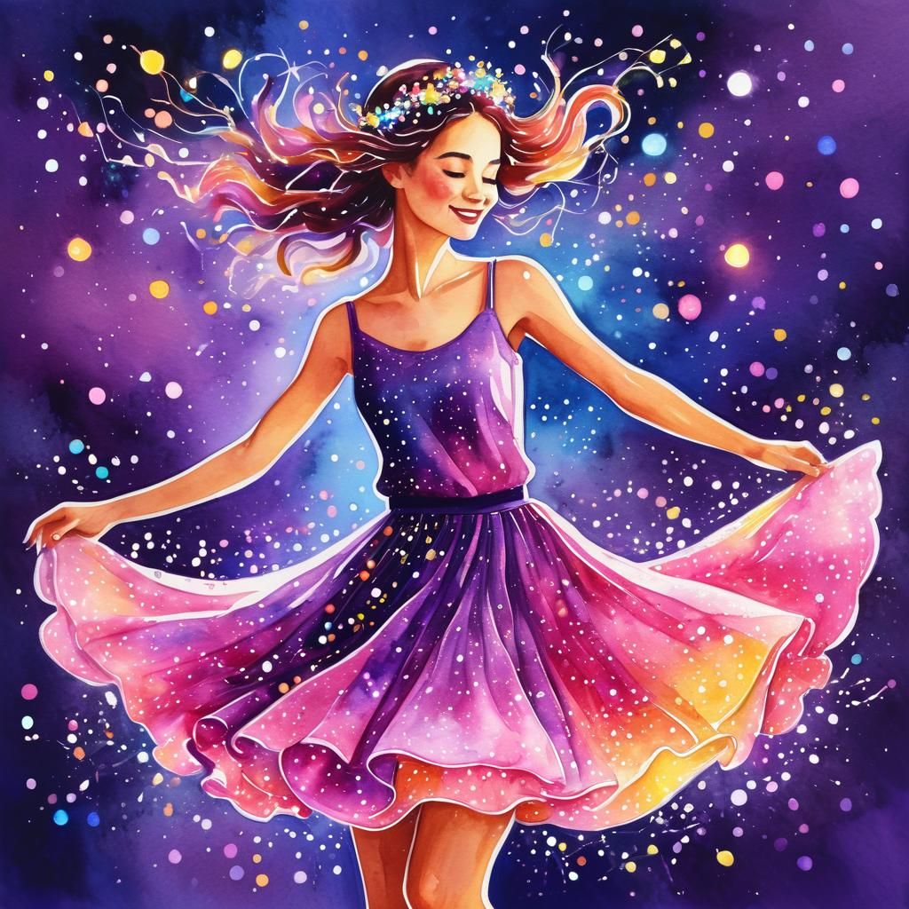 Woman Dancing with Fairy Lights in Mixed Media Art