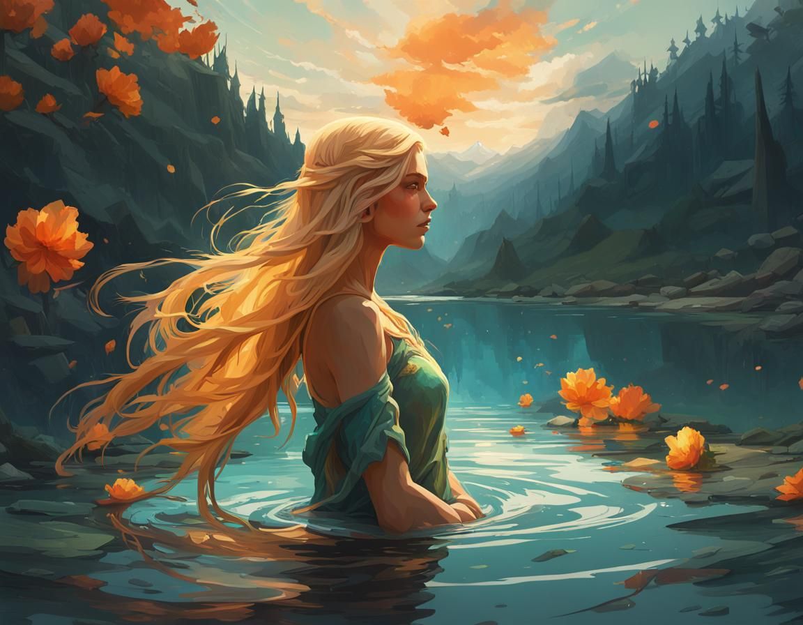 Blonde Woman Washing Hair in Lake, Art Nouveau Style