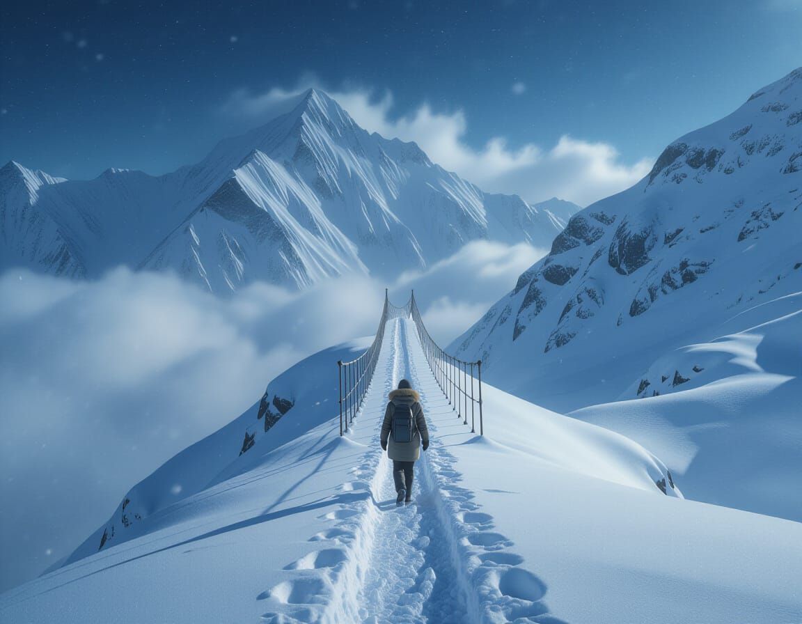 Snowy Mountain Ascent to Misty Bridge