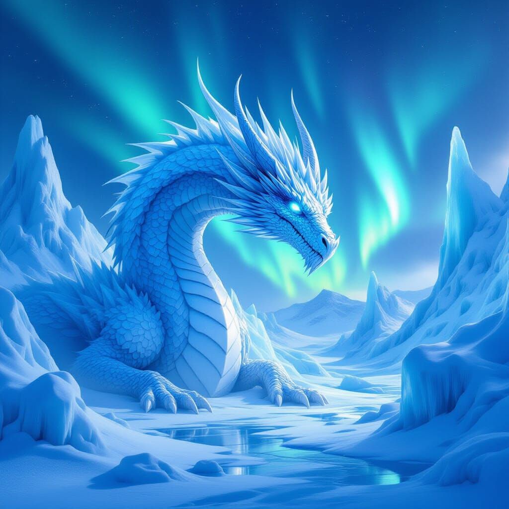 Colossal Ice Dragon in Aurora Borealis Landscape