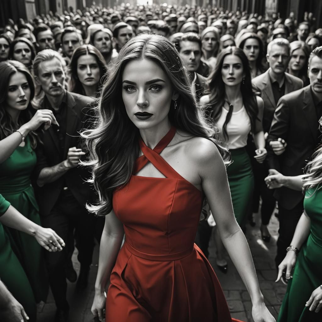 Girl in Red Dress in Film Noir Style