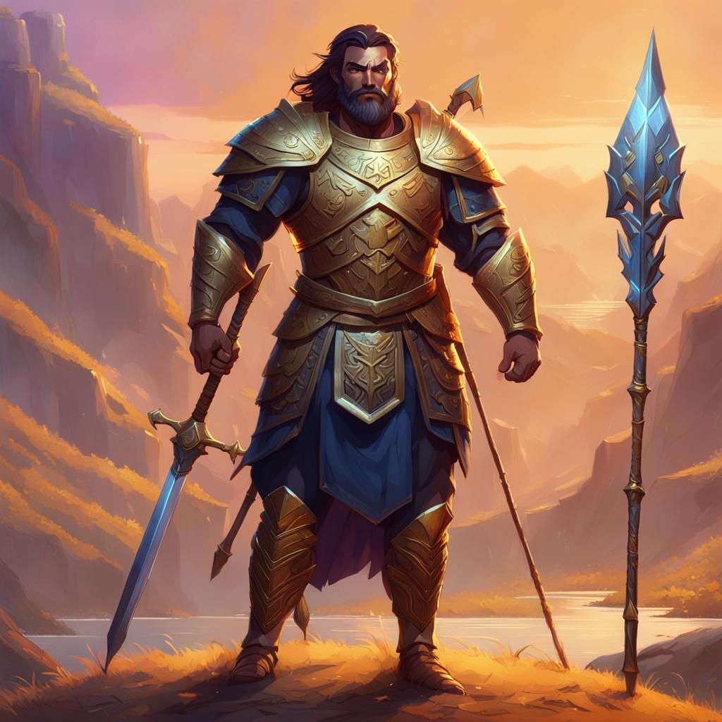 God of Strength in Golden Armor, with Kind Smile and Spear