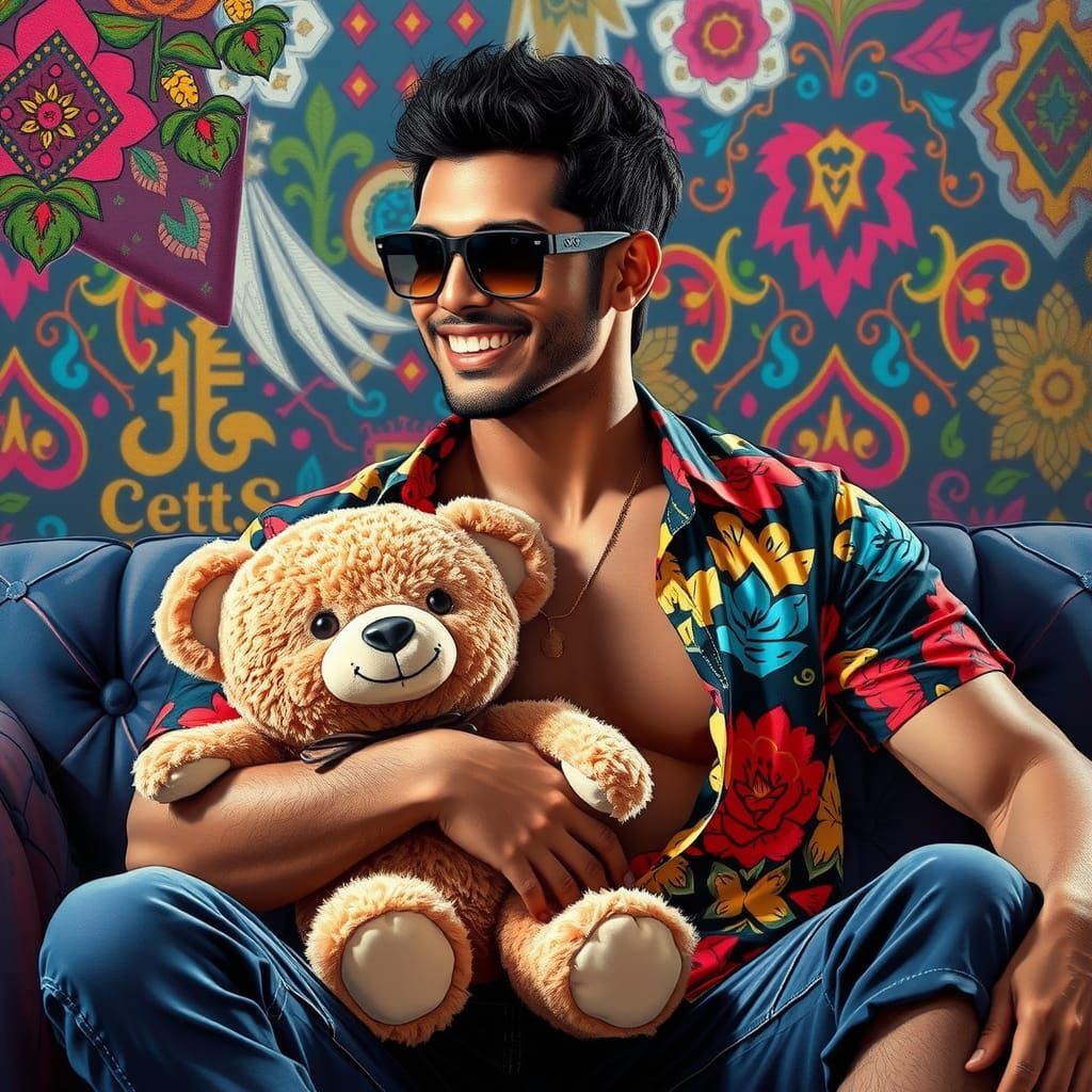 Handsome Man Hugging Teddy Bear in Splash Art Style