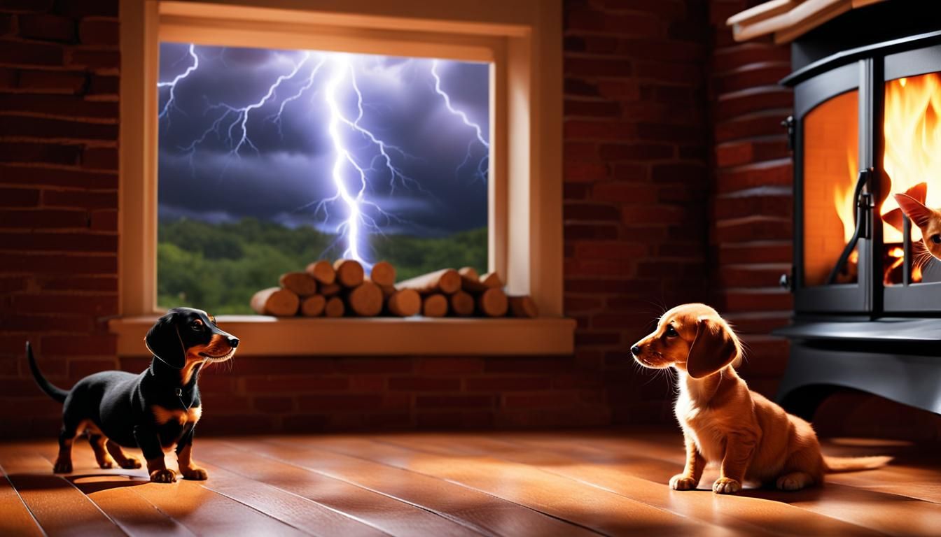 Puppy and Kitten Enjoying a Cozy Fireplace