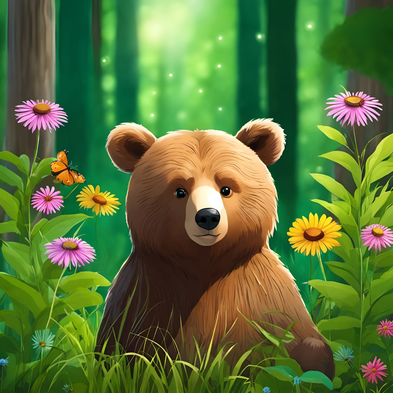 Cute Bear Enjoys Wildflower Forest