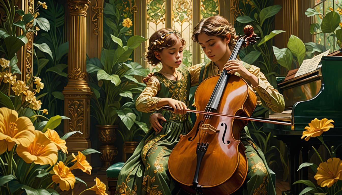 Child Cellist in Art Nouveau Style