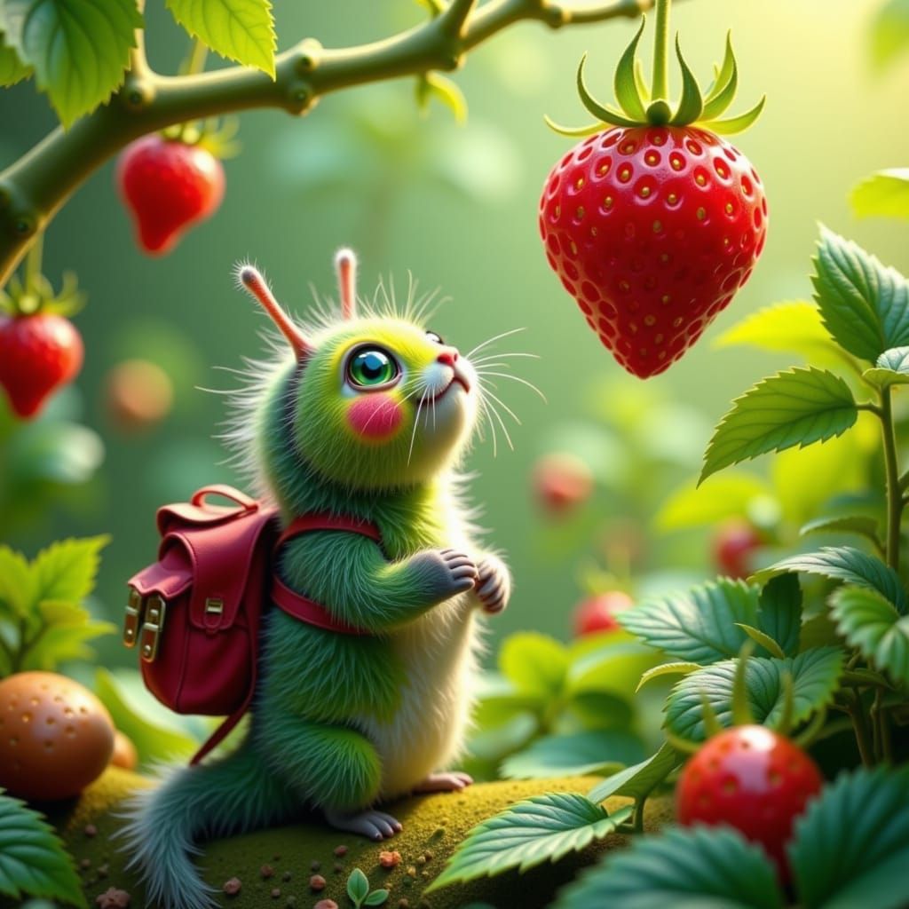 Excited Caterpillar and Giant Strawberry, Whimsical Illustra...