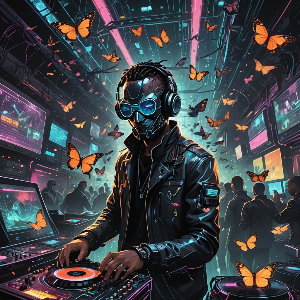 Futuristic DJ Unleashes Butterfly Swarm in Neon Club