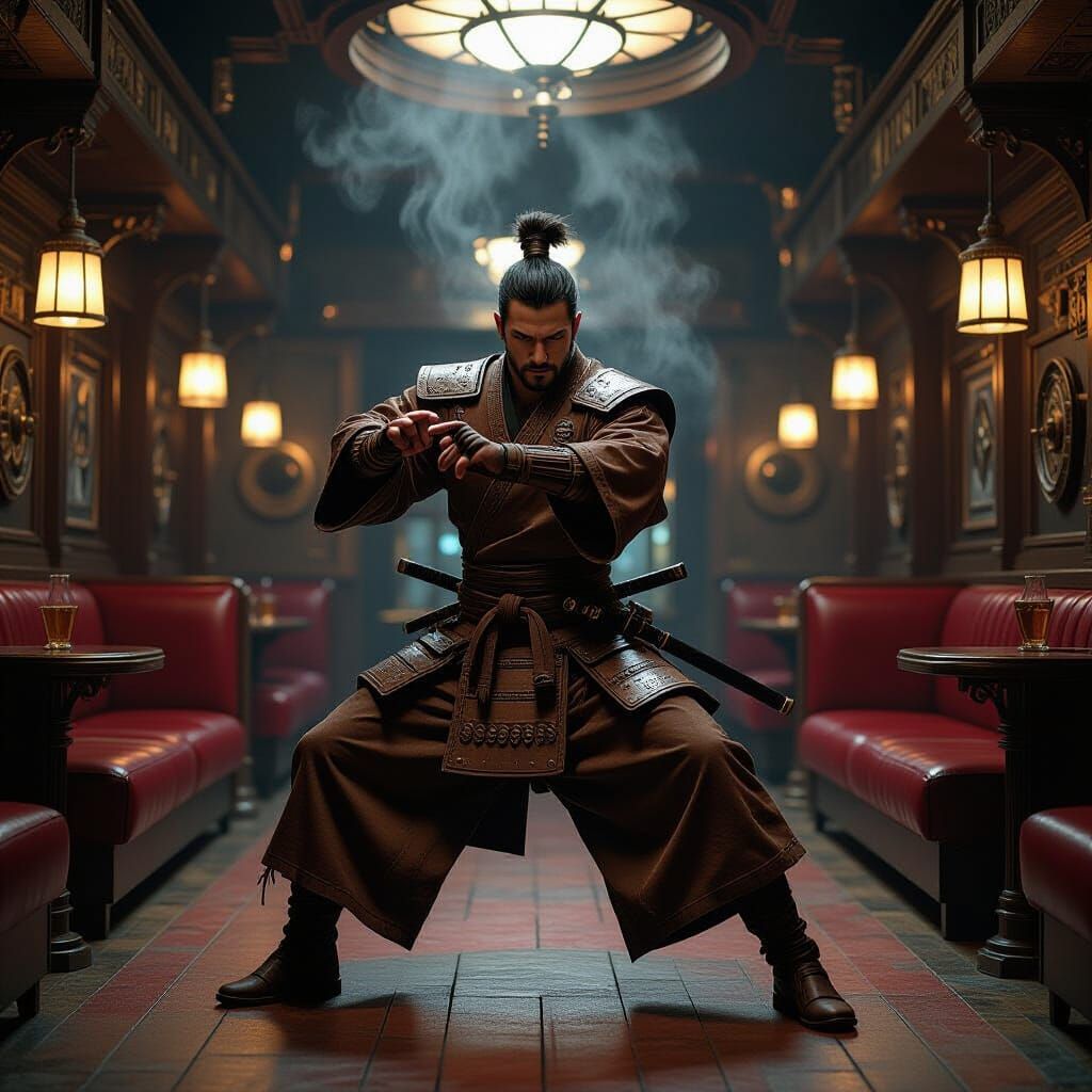 Dieselpunk Samurai Practicing Kata in Steam-Powered Dojo