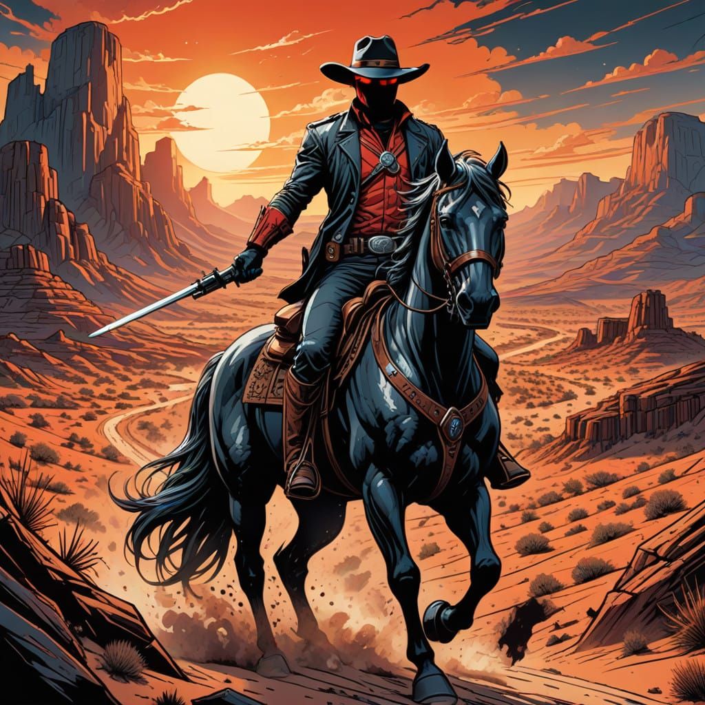 Cyberpunk Hero Rides Horse Through Desert Sunset
