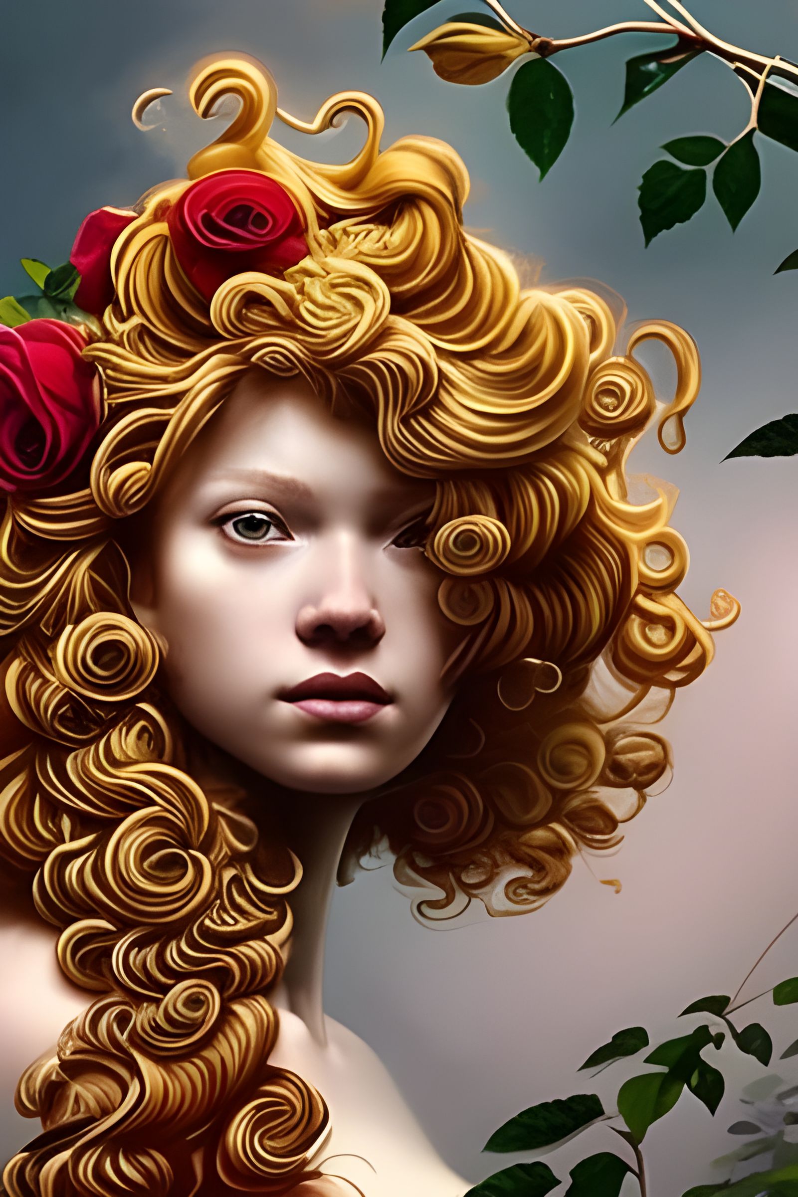 Red Roses in Hair: Detailed Portrait