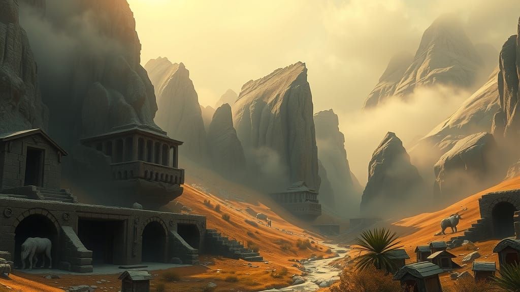 Mystical Valley Tombs in Ethereal Golden Light