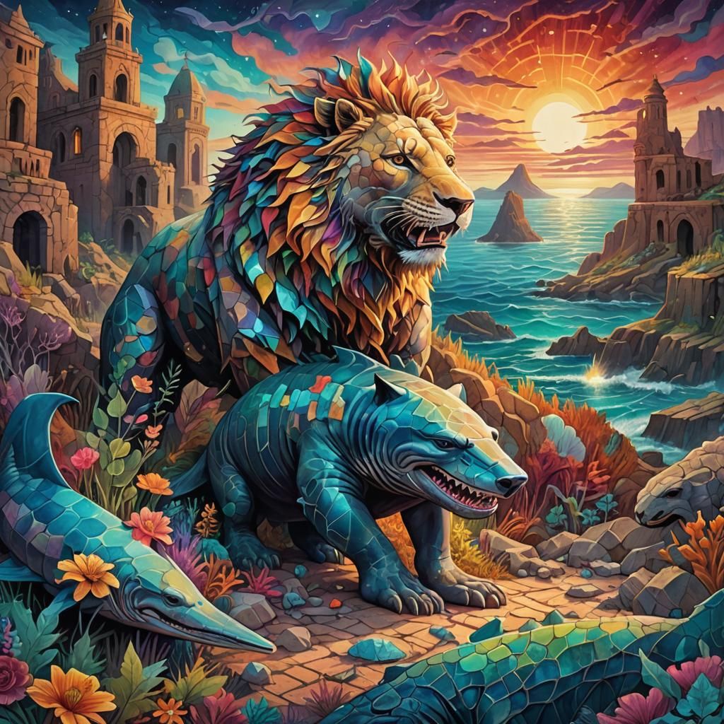 Basking Shark Lion Hybrid in Surreal Landscape