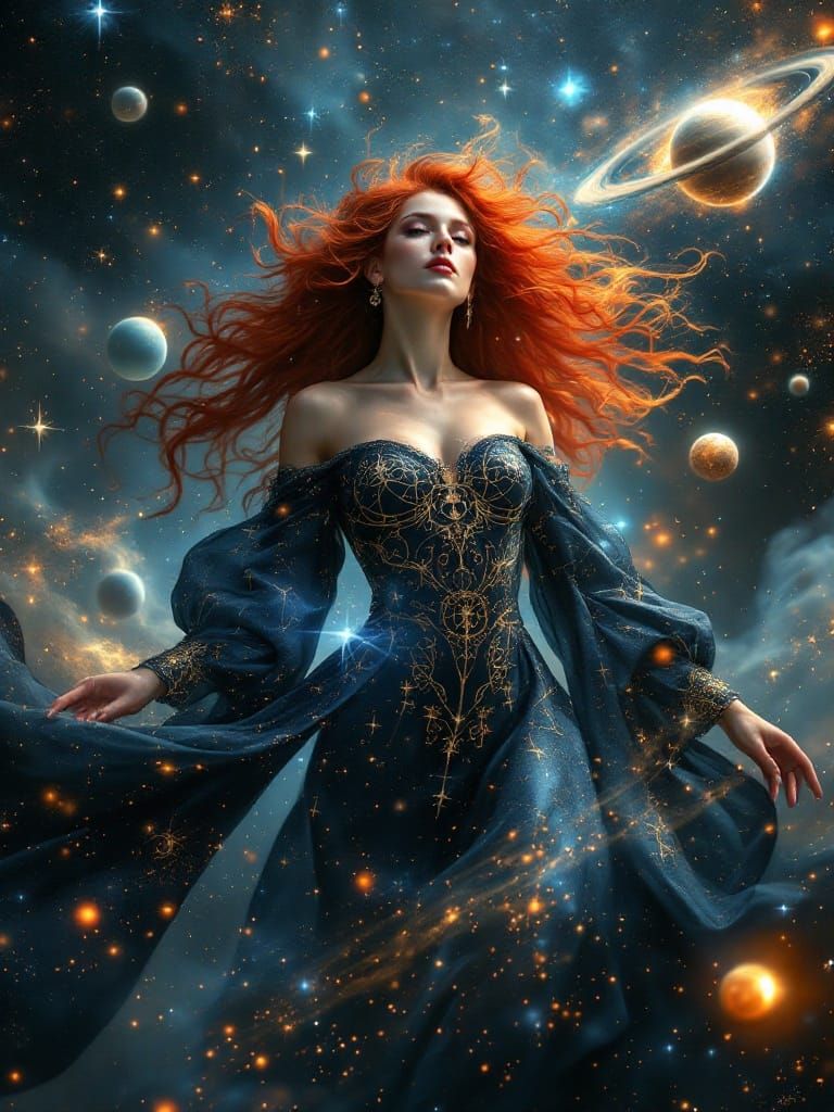 Cosmic Sorceress in Astronomical Gown, Stellar Portrait