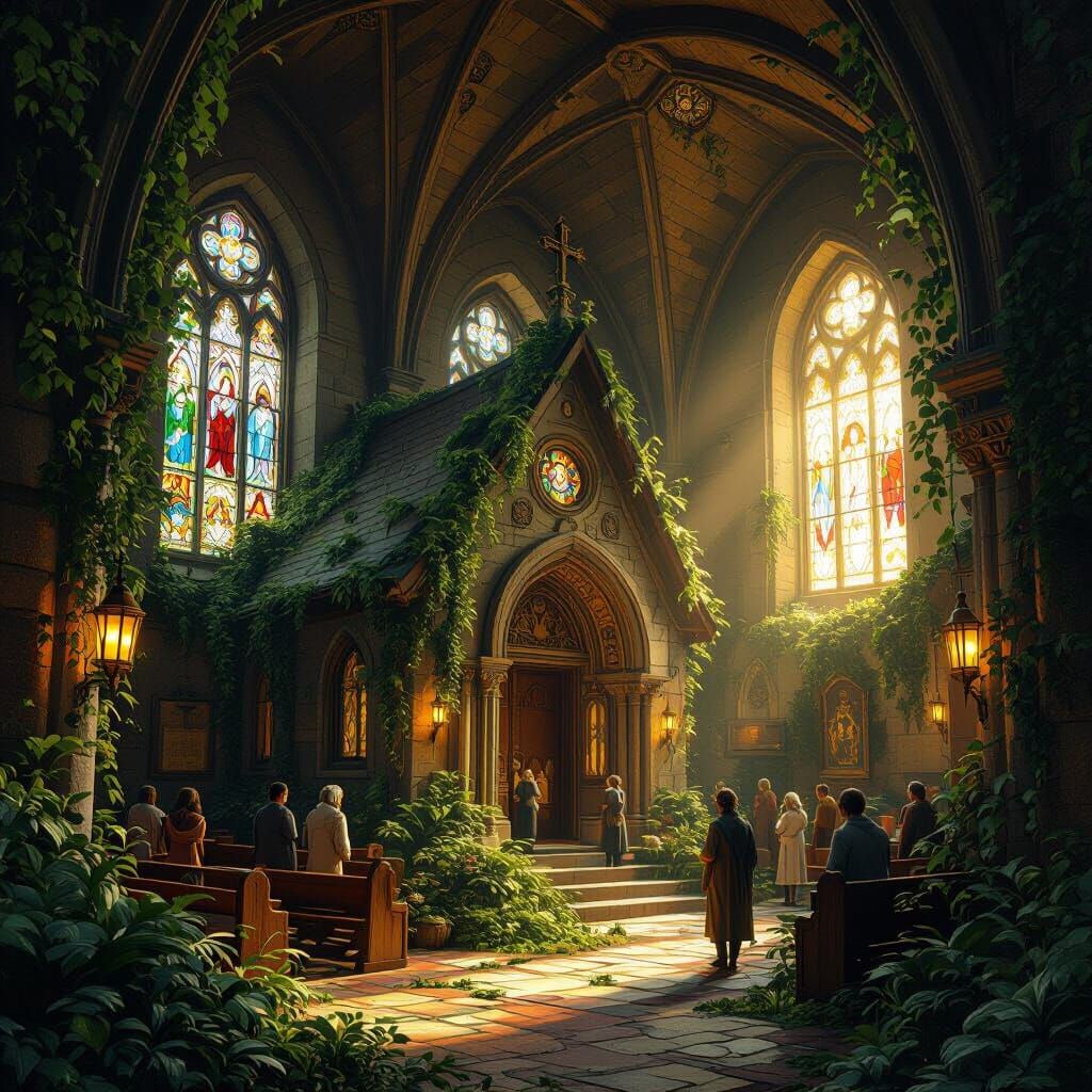Ancient Church Filled with Greenery and People