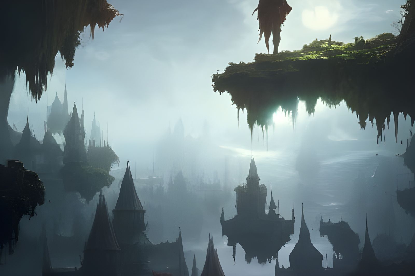 Epic Floating Islands in Dark Fantasy Style